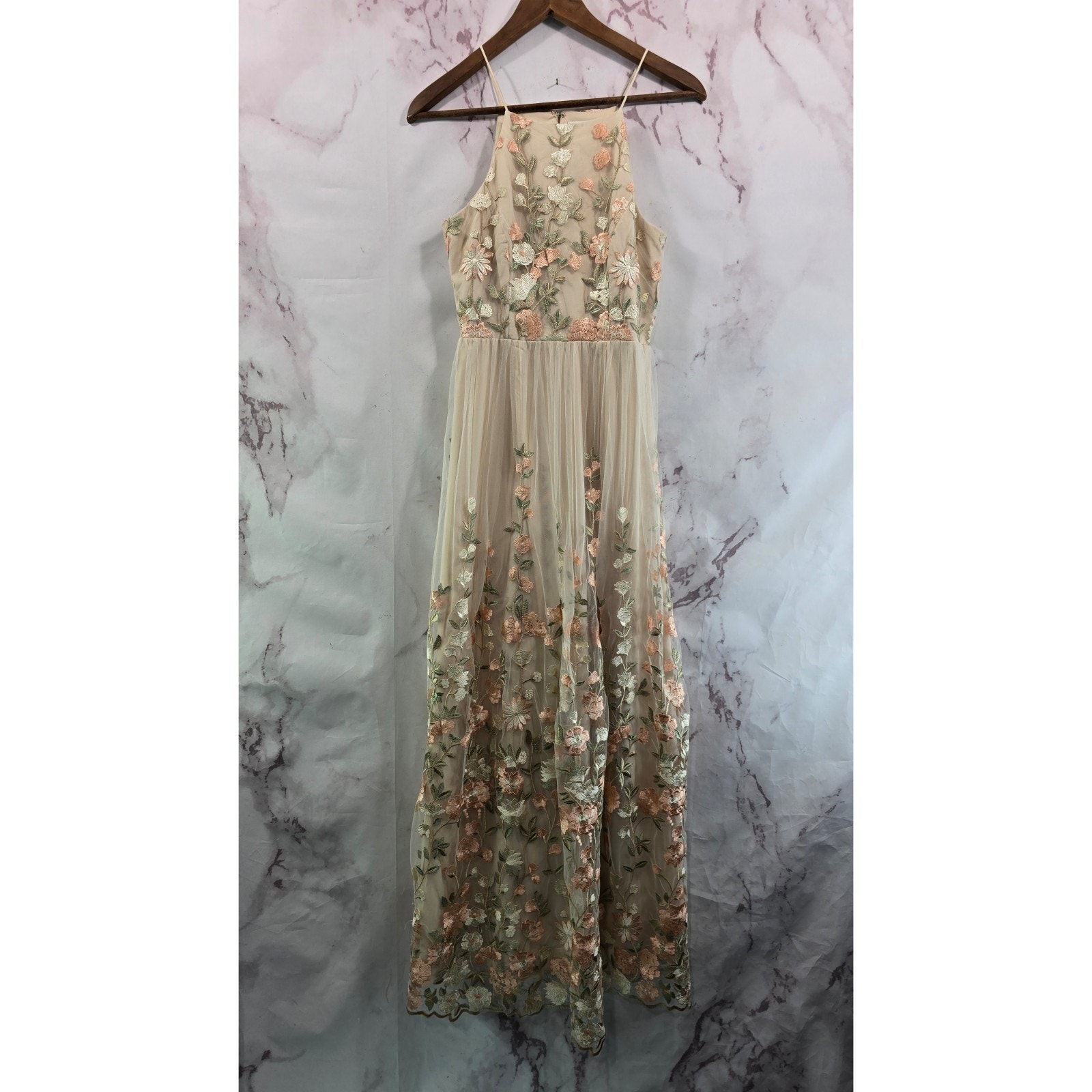 Anthropologie Dress Womens Xs 2 Pink Green Embroidered Floral Gown Shannon Bhldn